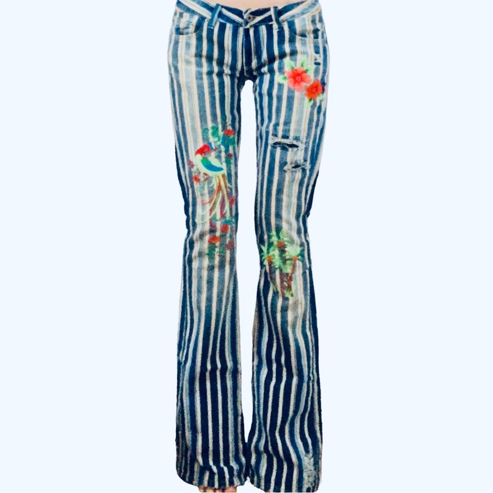 Blue Striped Embroidered Flare Jeans - Women - Picture 6 of 10